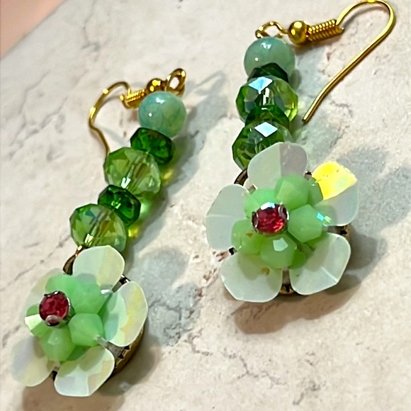 Iridescent Green Flower Earrings. - Picture 3 of 3